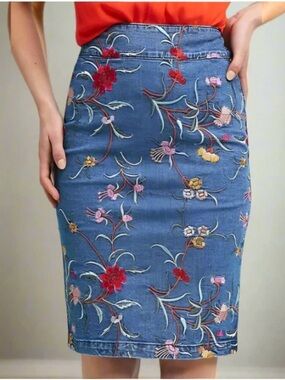 Anthropologie Blue Denim Pencil Skirt with Multicolor Floral Embroidery